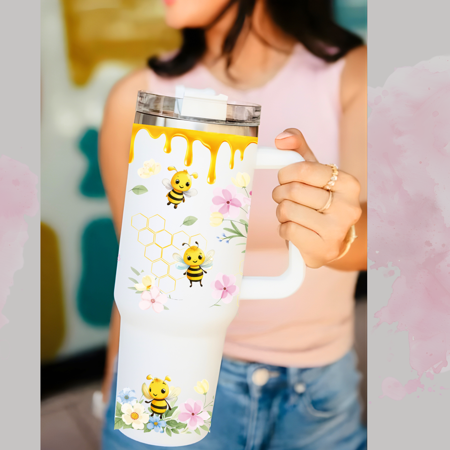40 oz tumbler, double wall insulated, Cute honey comb bee
