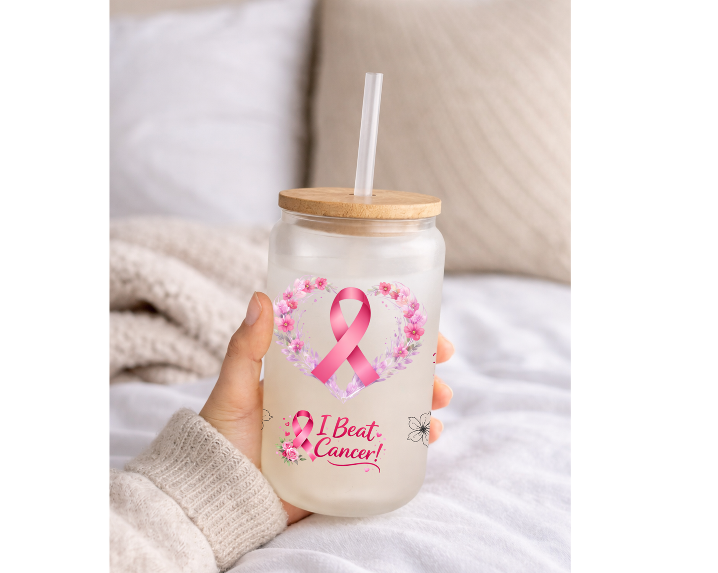 Cancer survivor , Warrior 16 oz Frosted Glass can with bamboo lid and straw.