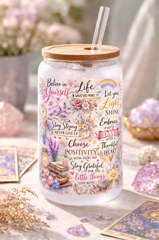 Positive and motivating 16 oz Frosted Glass can with bamboo lid and straw.