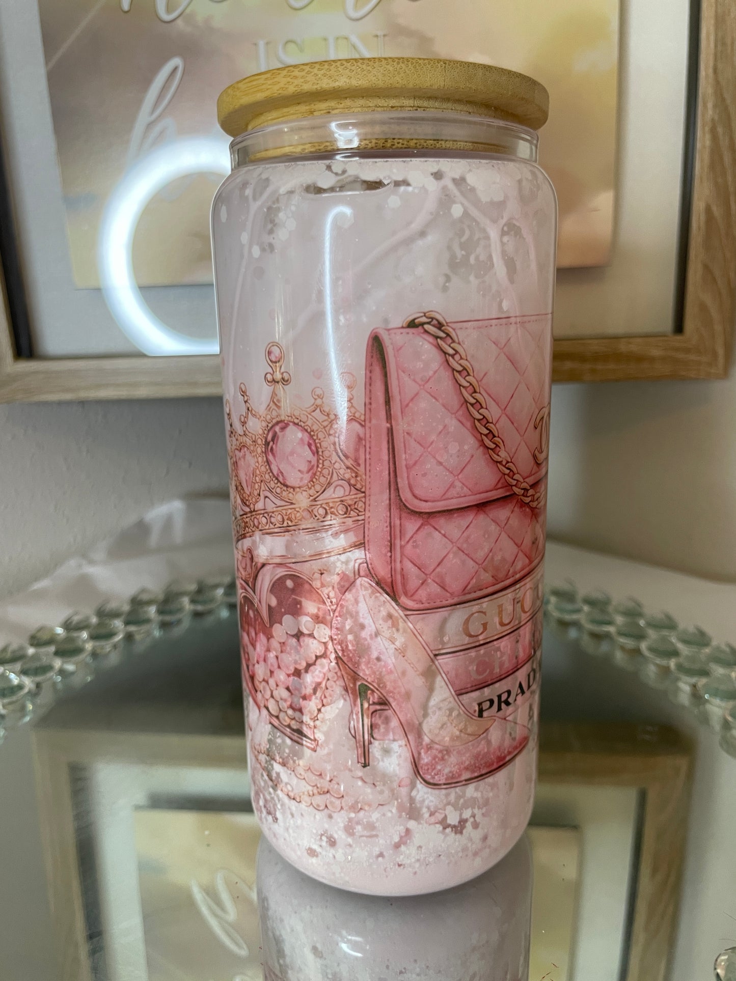 Pink Lux 16 oz Snow globe tumbler, Bamboo lid and clear straw