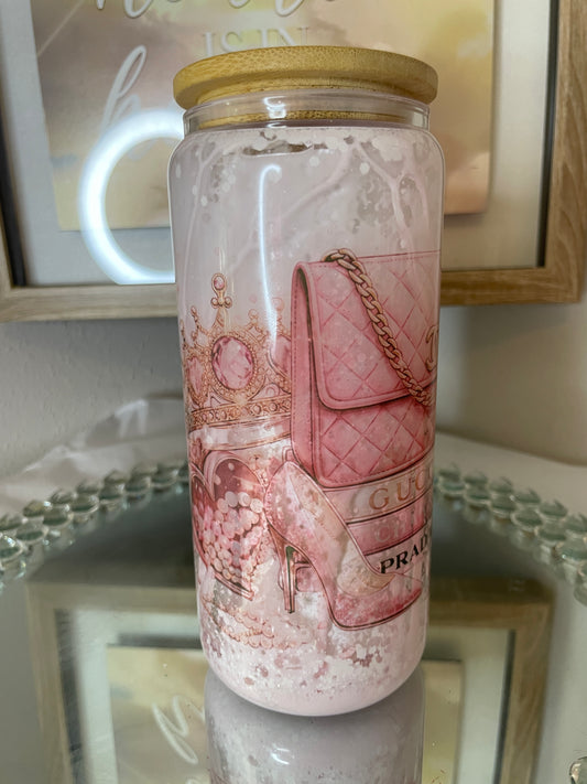 Pink Lux 16 oz Snow globe tumbler, Bamboo lid and clear straw