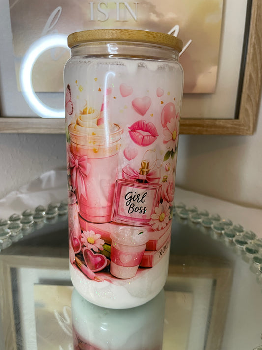 Girl Boss 16 oz Snow globe tumbler, Bamboo lid and clear straw
