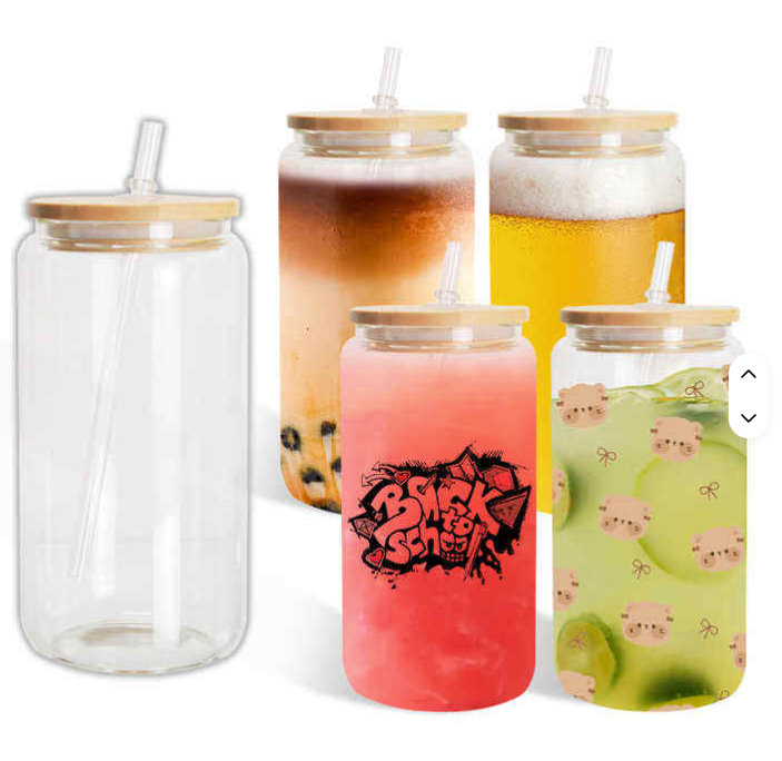 Senior colorful 16 oz Frosted Glass can with bamboo lid and straw.