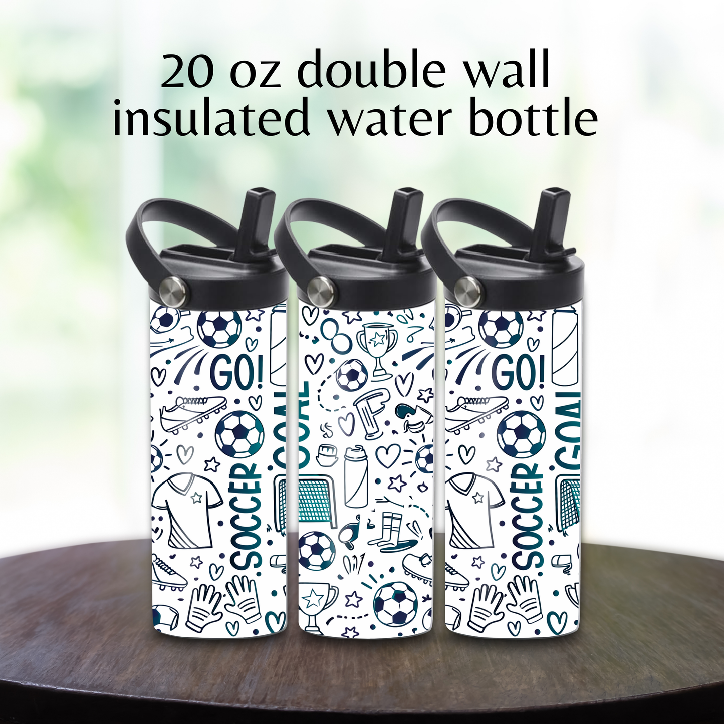 Soccer Sport water bottle, double insulated, with screw on pop up lid and screw on sliding lid.