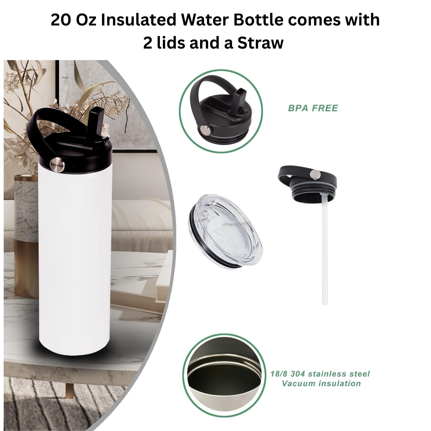 20 Oz Water bottle with 2 lids
