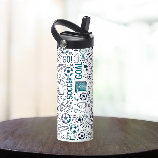 Soccer Sport water bottle, double insulated, with screw on pop up lid and screw on sliding lid.