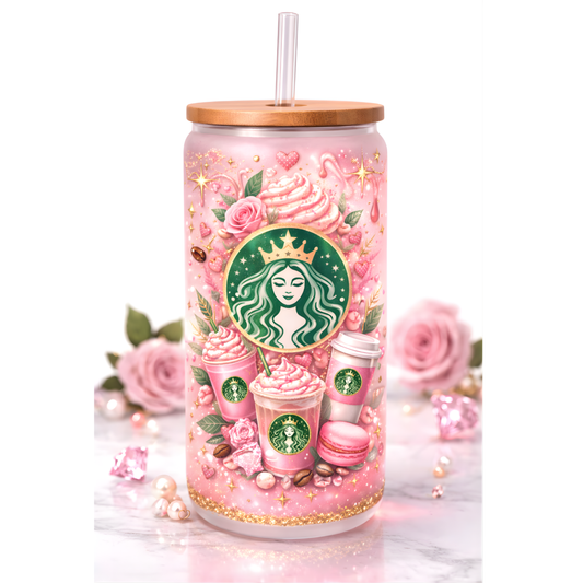 Coffee themed 16 oz Frosted Glass can with bamboo lid and straw.