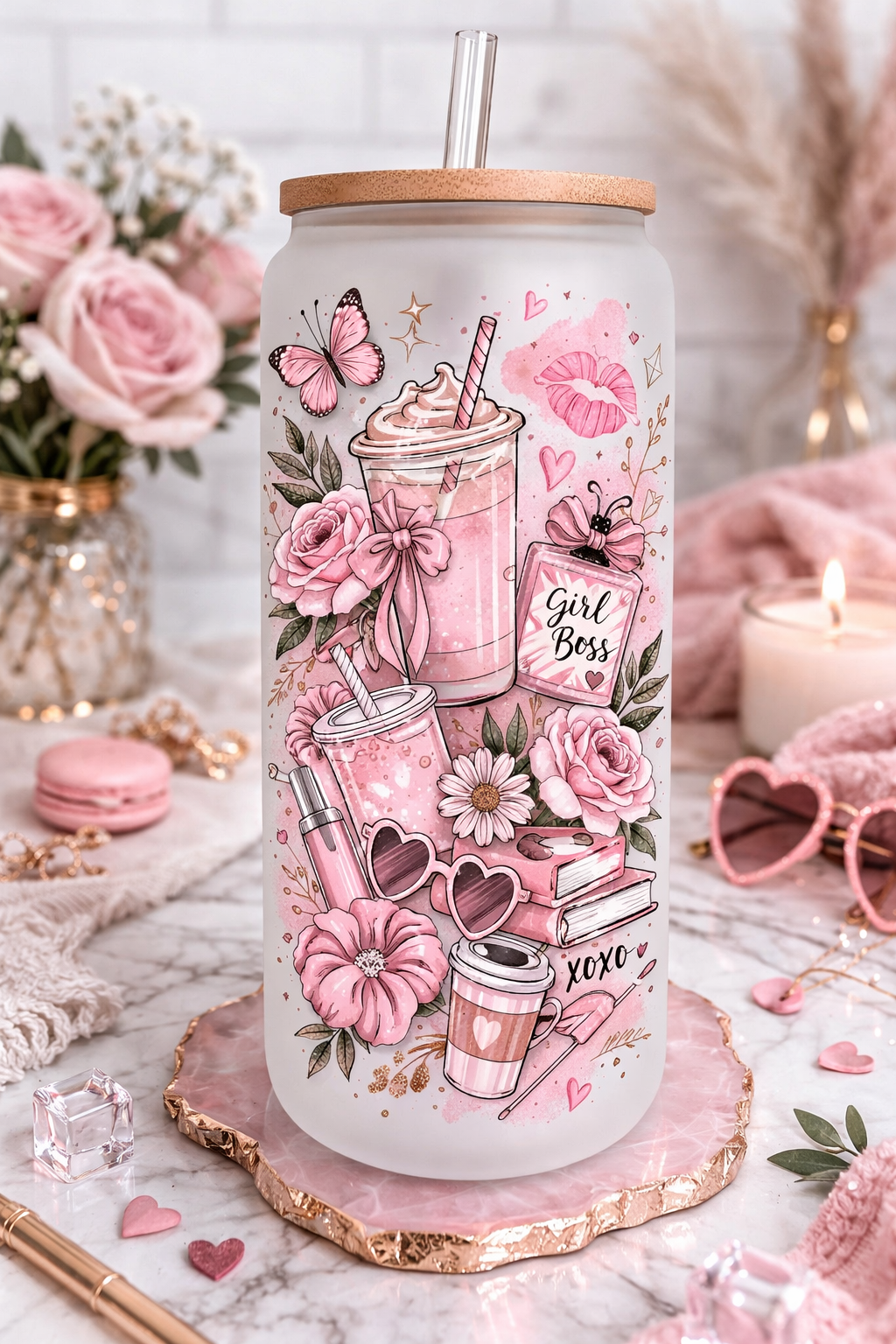 Cute pink bow and flower 16 oz frosted glass, bamboo lid, and straw