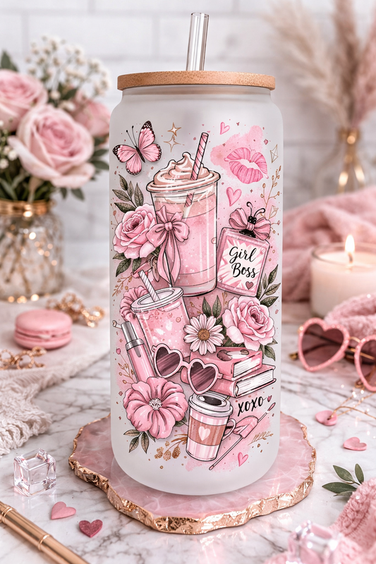 Cute pink bow and flower 16 oz frosted glass, bamboo lid, and straw