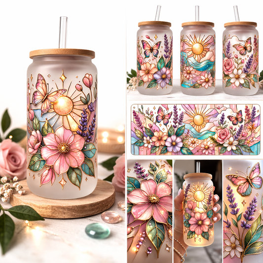 Stained butterfly with flowers glass design, 16 oz frosted glass with bamboo lid and straw