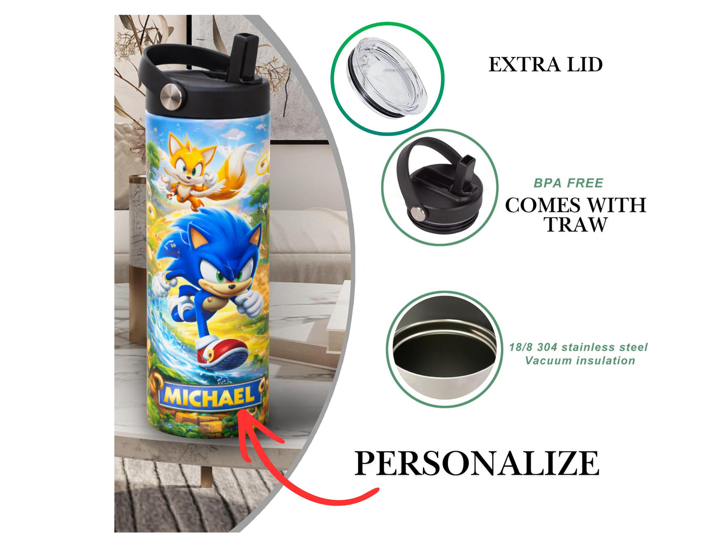 Personalized  Water bottle, Double wall insulated Water bottle for kids and adults, 20 Oz Insulated Water bottle