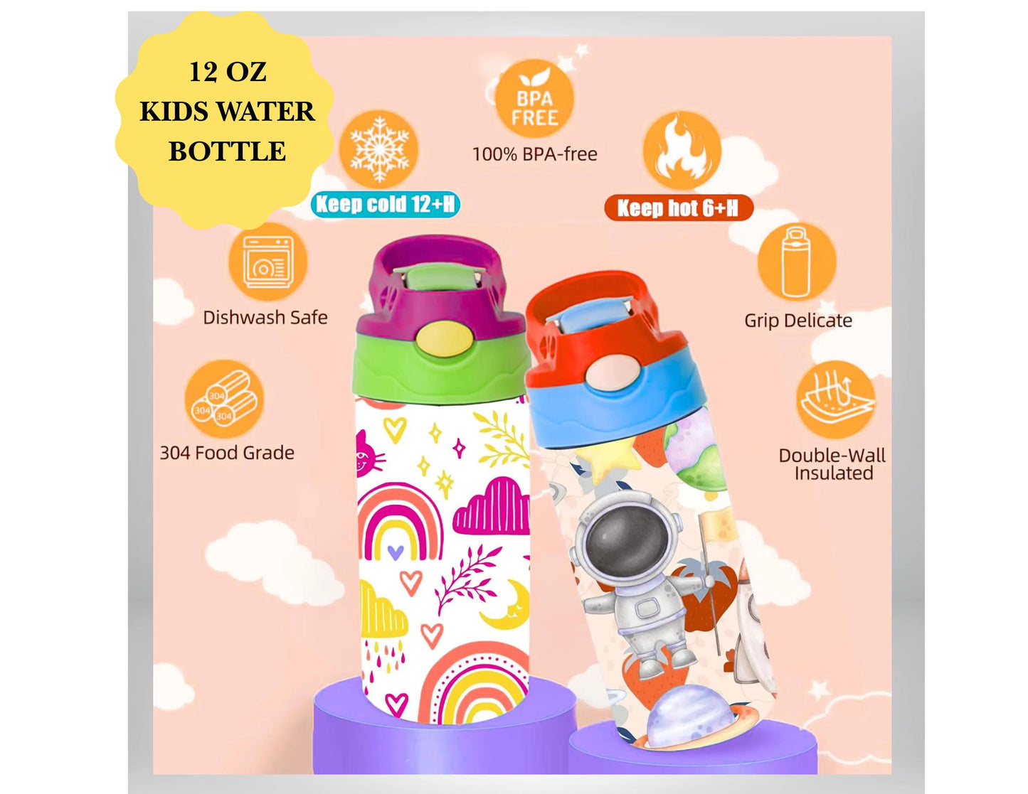 Personalized  Water bottle, Double wall insulated Water bottle for kids and adults, 20 Oz Insulated Water bottle