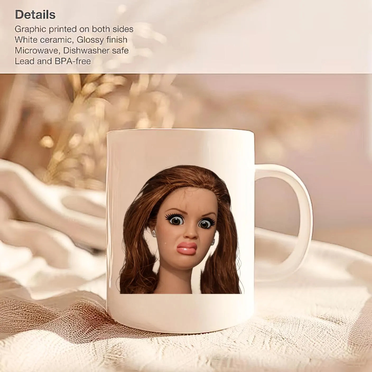 Doll Face Mug,  Disgusted Barbie Meme, Sarcastic gift, , Weird Humor Cup, Unhinged Meme Mug