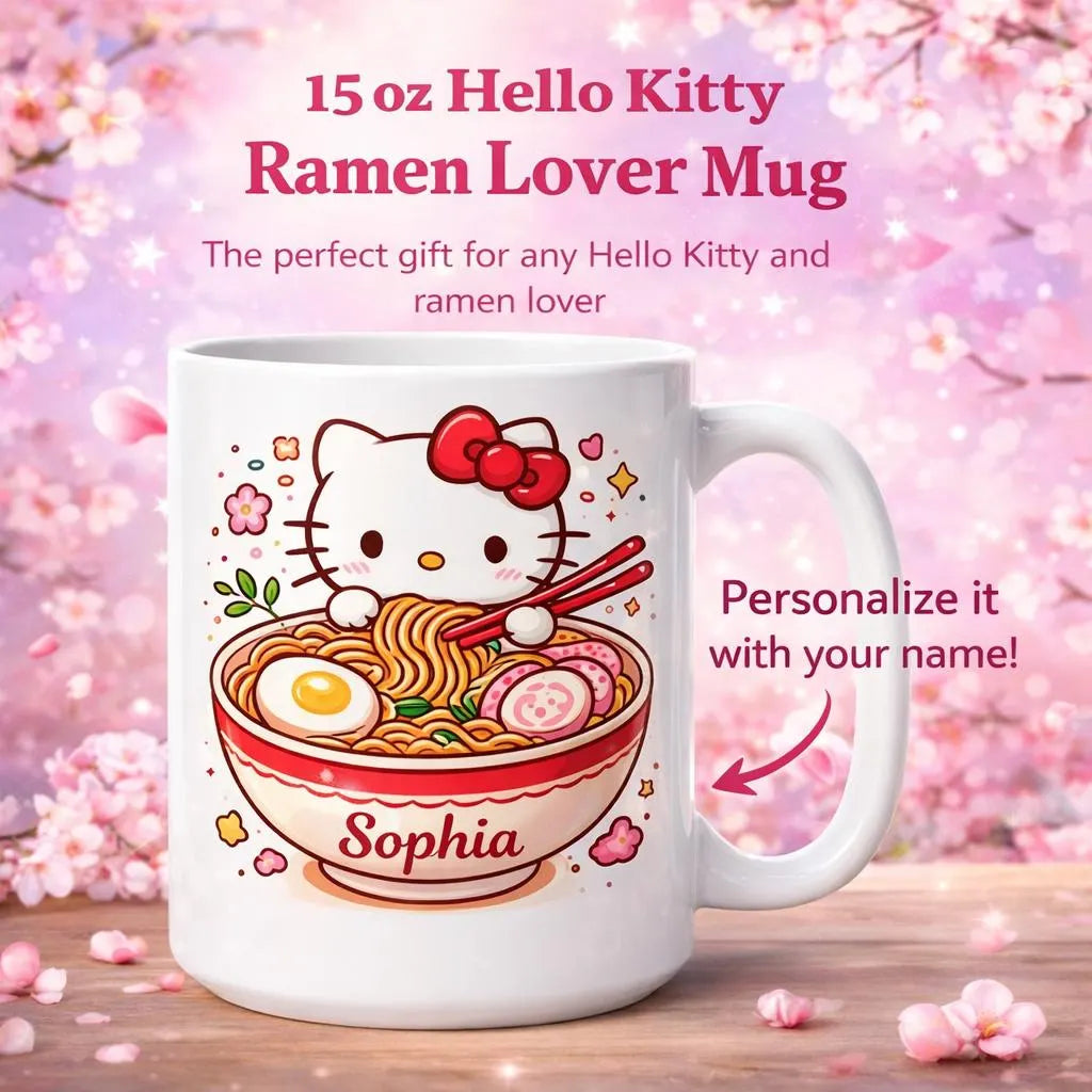 Personalizable Kitty mug, Ramen lover mugs,