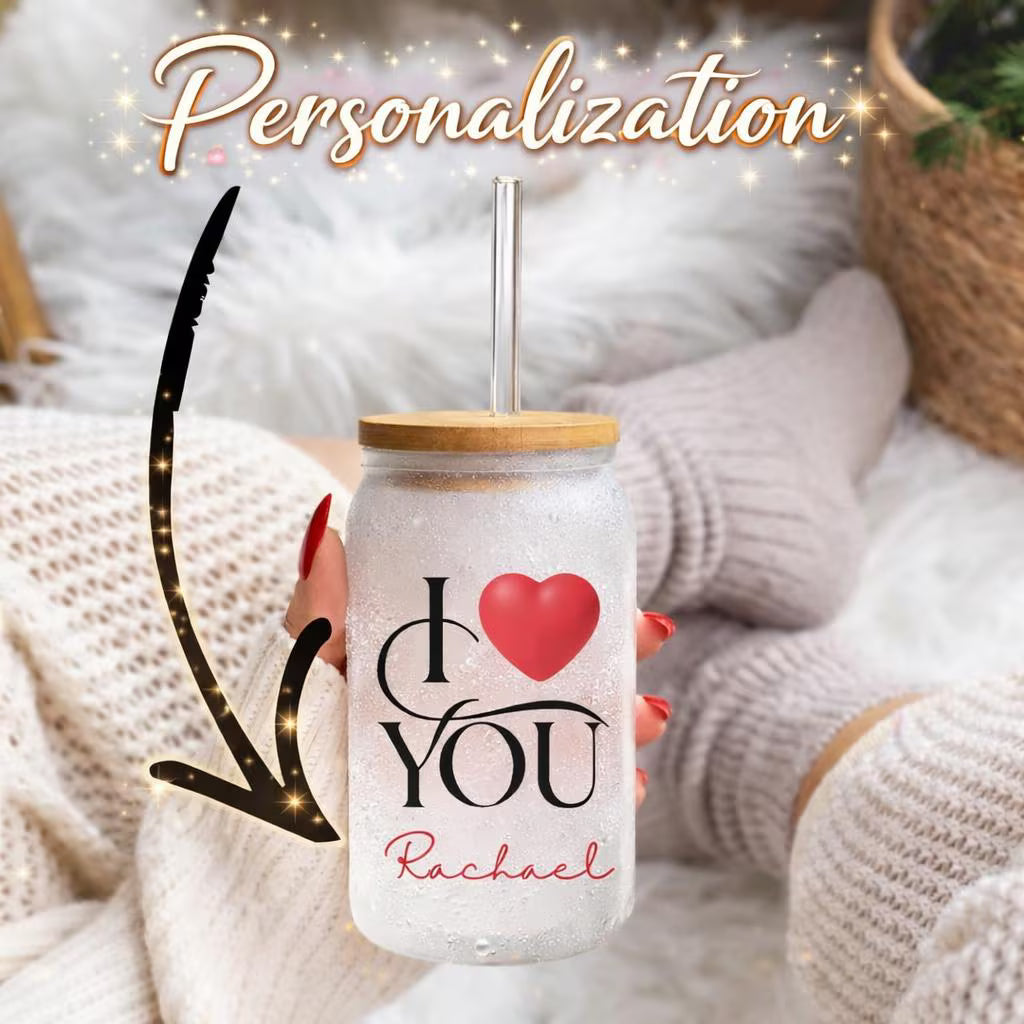 Personalized  16 oz frosted glass , I love you frosted glass with Name, Family love gift, Frosted Glass Coffee Cup Lid and Straw, Valentines