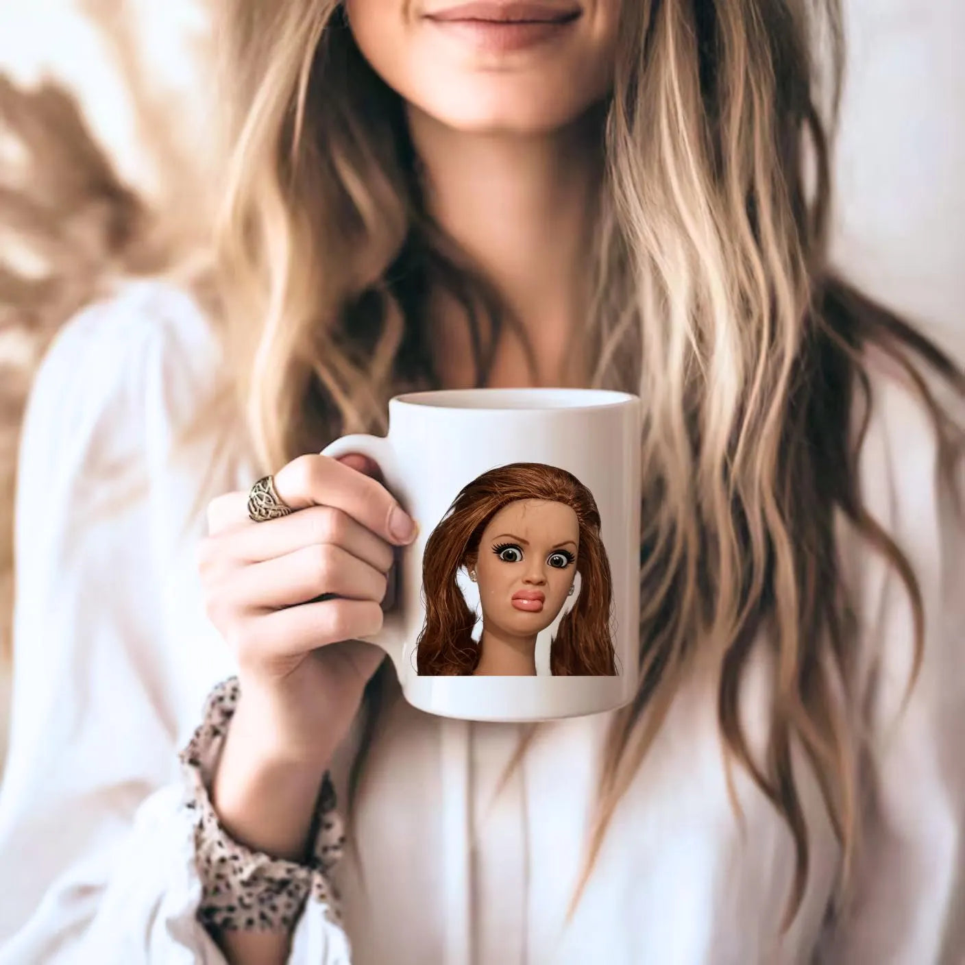 Doll Face Mug,  Disgusted Barbie Meme, Sarcastic gift, , Weird Humor Cup, Unhinged Meme Mug